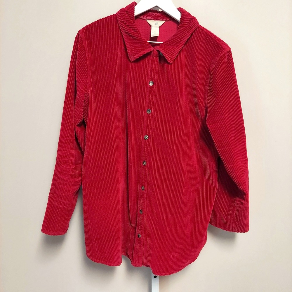 J. Jill Womens Red Cotton Wale Corduroy Velvet Patchwork Button Down Shirt Large